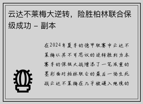 云达不莱梅大逆转，险胜柏林联合保级成功 - 副本